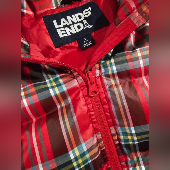 Lands' End Red Tartan Plaid Collared Puffer Zipper Vest Size Small 6/8 - Picture 6 of 8